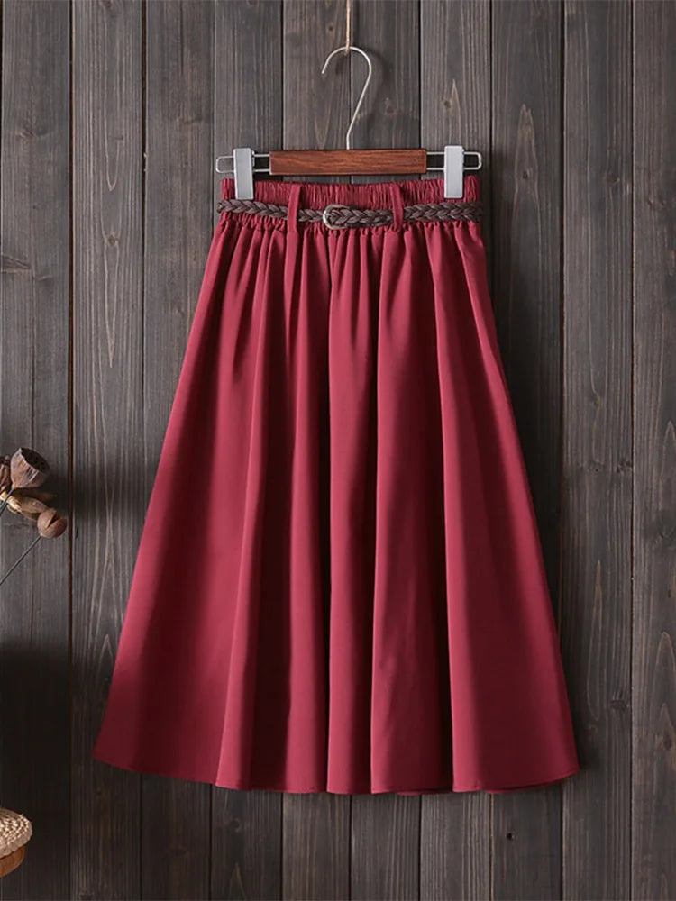 Midi Knee Length Summer Skirt Women With BeltFashion Korean Ladies High Waist Pleated A-line School Skirt Female