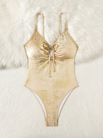 Sexy Brozing Gold Swimwear Women 2026 Front Drawstring Tie Slim Tummy Control Holiday Bathing Suit One Piece Swimsuit Monokini