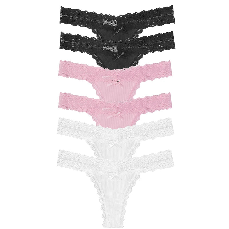6pcs/Set Perspective Floral Panties Women Lace Thongs Low Waist Comfortable Solid Ladies G-string Bow Female Sexy Underwear