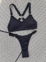 Sexy Ring Linked Backless Bikini Set Women Solid Black White Hollow Out Push Up Micro Swimsuit 2024 Bathing Suit Thong Swimwear