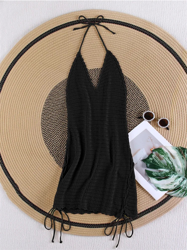 Solid Knit Halter V-neck Side Cross Straps Slim Beach Mini Dress 2026 Women Crochet Beach Swimsuit Cover Up Vacation Outfit K104