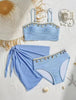 New Shell Starfish 3 Pieces Bandeau Bikini Set Swimsuit Women Blue Swimwear with Sarong Skirts Swim Dress Beachwear Bathing Suit test
