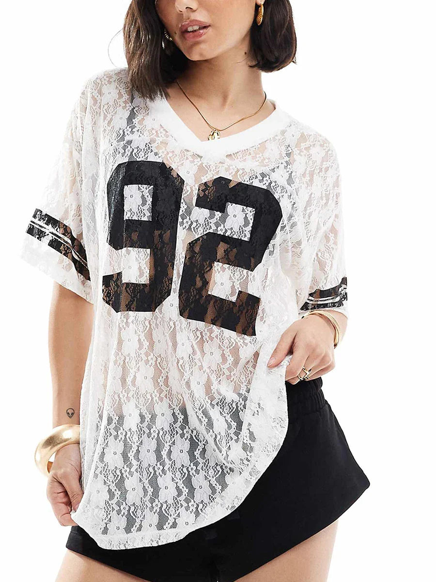 Women Summer Lace Football T-Shirt Casual Number Print See-Through V-Neck Short Sleeve Basic Tops for Streetwear