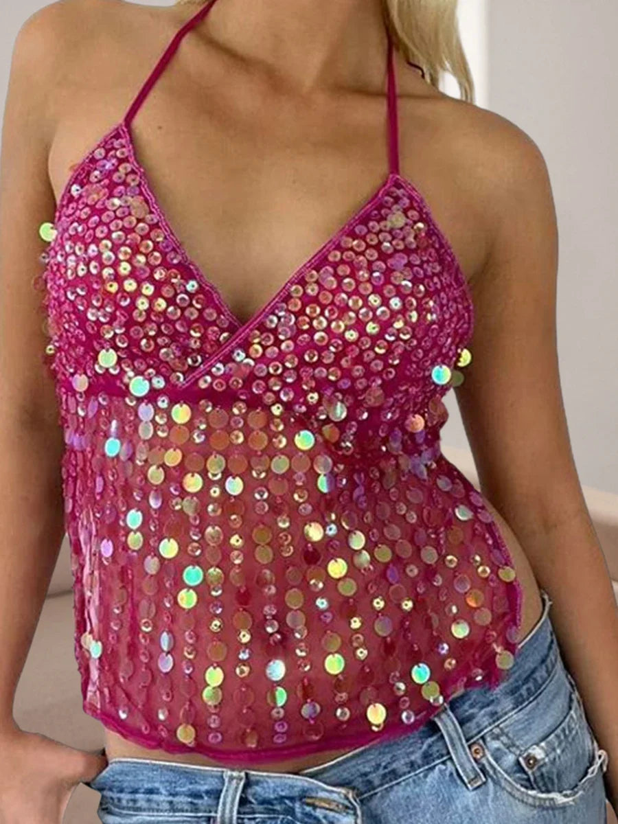 Women's Solid Color Halter Neck Crop Tops Summer Sleeveless V neck Open Back Slim Fit Tie Up Sequins Camis Tops