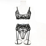Embroidery Lingerie 3Pcs Sets Ultrathin Mesh Patchwork See Through Bras And Thongs Garter Suits Erotic Intimate Sexy Underwear