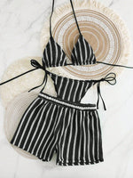 New Retro 3 Pieces Knitted Mesh String Bikini Set Swimsuit Women Blue Striped Swimwear with Shorts Beach Wear Boho Bathing Suit