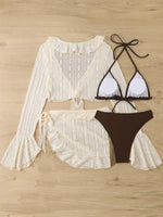 2025 4 Pieces Swimsuit with Skirt Female Swimwear Long-sleeved Cover Up Thong Bikinis Set Bather Swimming Beachwear Bathing Suit