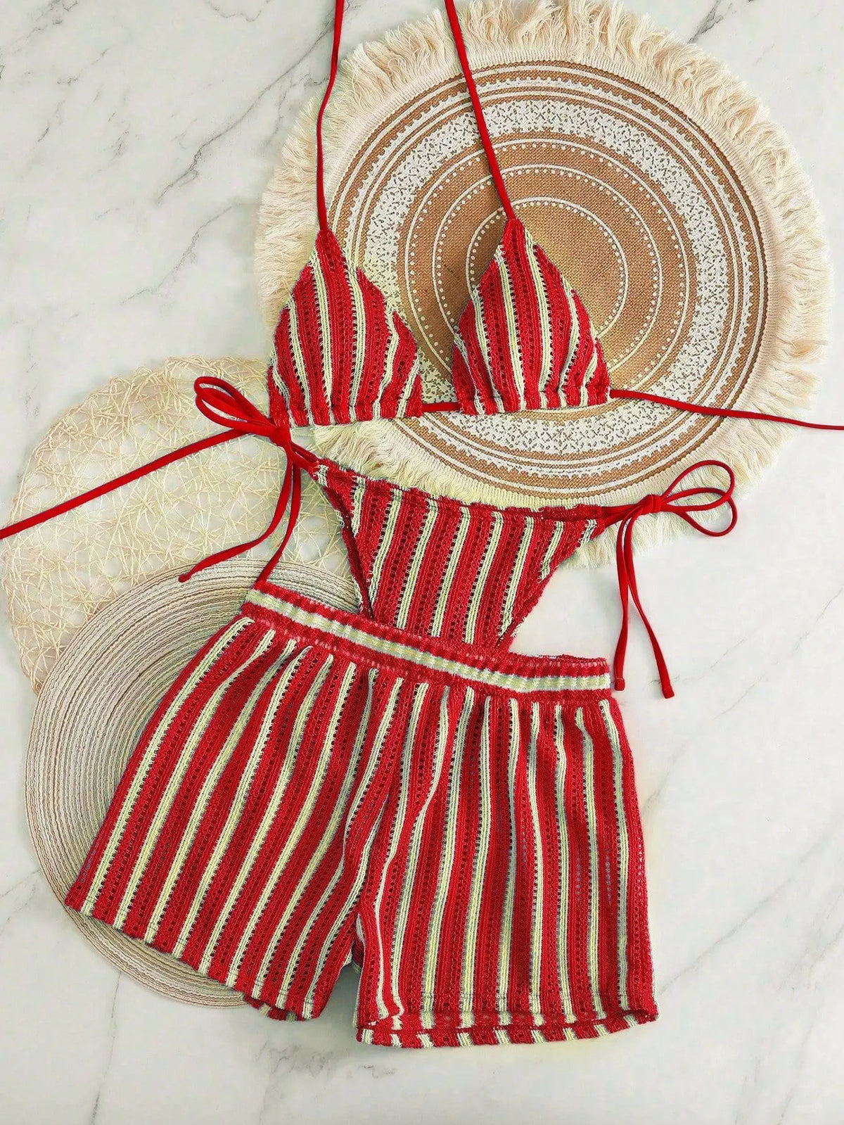 New Retro 3 Pieces Knitted Mesh String Bikini Set Swimsuit Women Blue Striped Swimwear with Shorts Beach Wear Boho Bathing Suit
