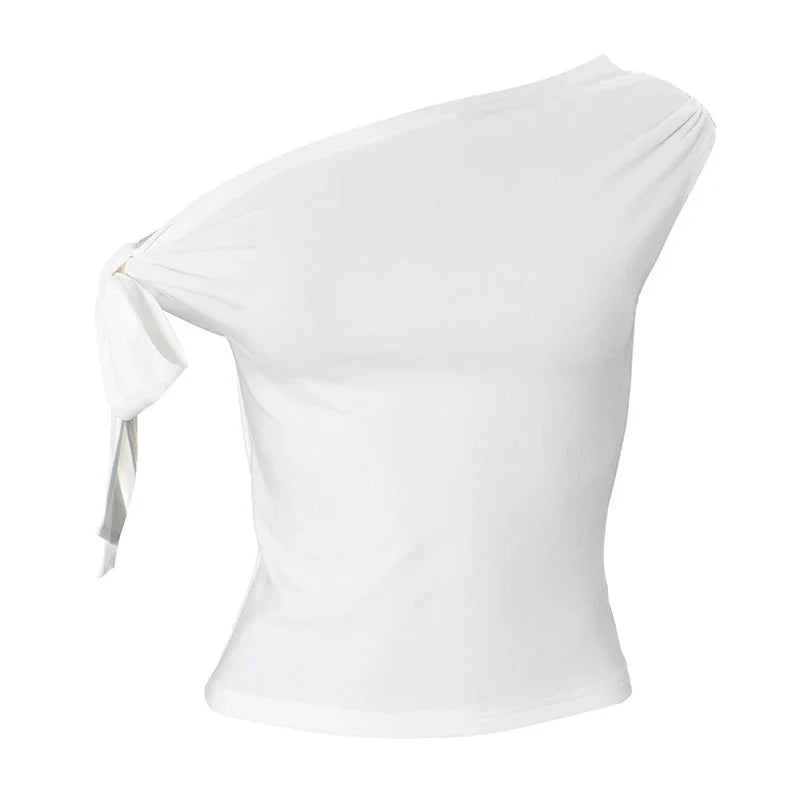 2025 Women'S Summer Ins Style New Shrink Pleated One-Shoulder Crop Top Backless Twist Tie Asymmetric T-Shirt Casual Top