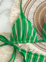New Retro 3 Pieces Knitted Mesh String Bikini Set Swimsuit Women Blue Striped Swimwear with Shorts Beach Wear Boho Bathing Suit