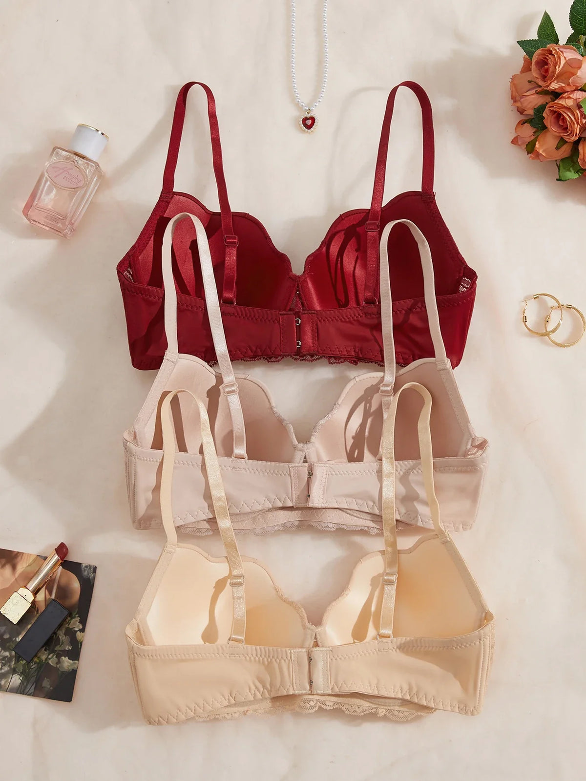 3PCS/Set Women's Floral Lace Bra Set French Underwear Comfortable Push up Bra Intimates Lingerie with Rhinestone Bow