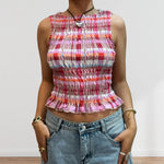 Women Summer Smock Tank Tops Casual Fashion Ruffle Hem Plaid Print Sleeveless Shirt Basic Vest Streetwear