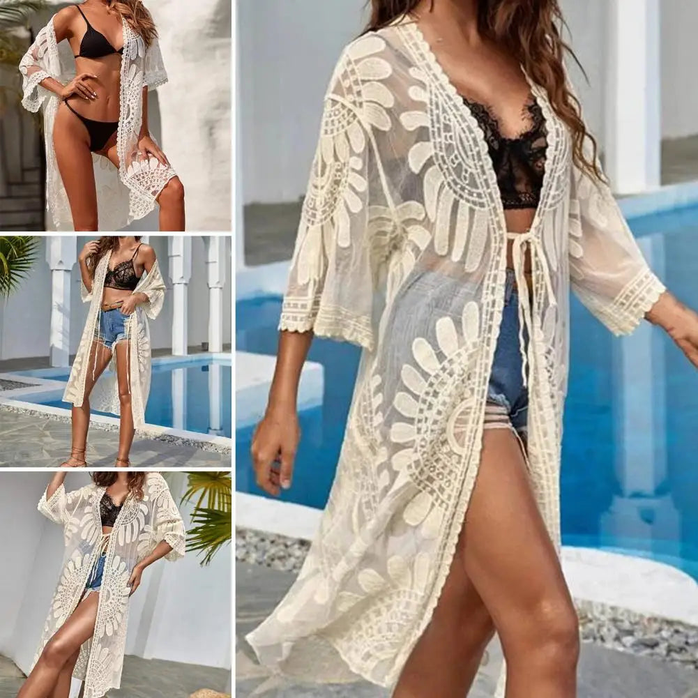 One SizeSexy Lace Up Summer Beach Cover Up Solid Color Women Beach Dress Flower Embroidery Women Clothes