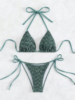 Sexy Green 2 Piece Bikinis Sets Women Halter Metal Stap Push Up Swimsuit 2024 Summer Lace Up Beach Bathing Suit Thong Swimwear
