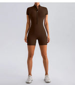 Yoga Jumpsuit Fashion Zipper Dance Short Playsuit Women Romper Short Sleeve Gym Fitness Overalls One Piece Sports Suit Unitard