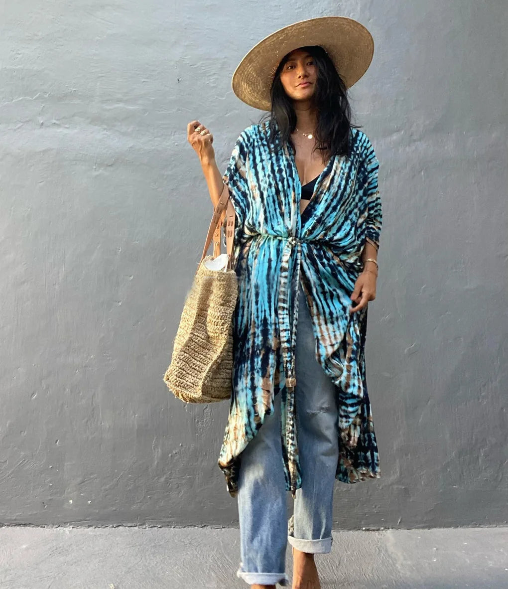 Beach Cover Ups for Swimwear Women Black Tie Dye Kimono Swimsuit Cape Summer Dress 2022 Beachwear Outfits Sales
