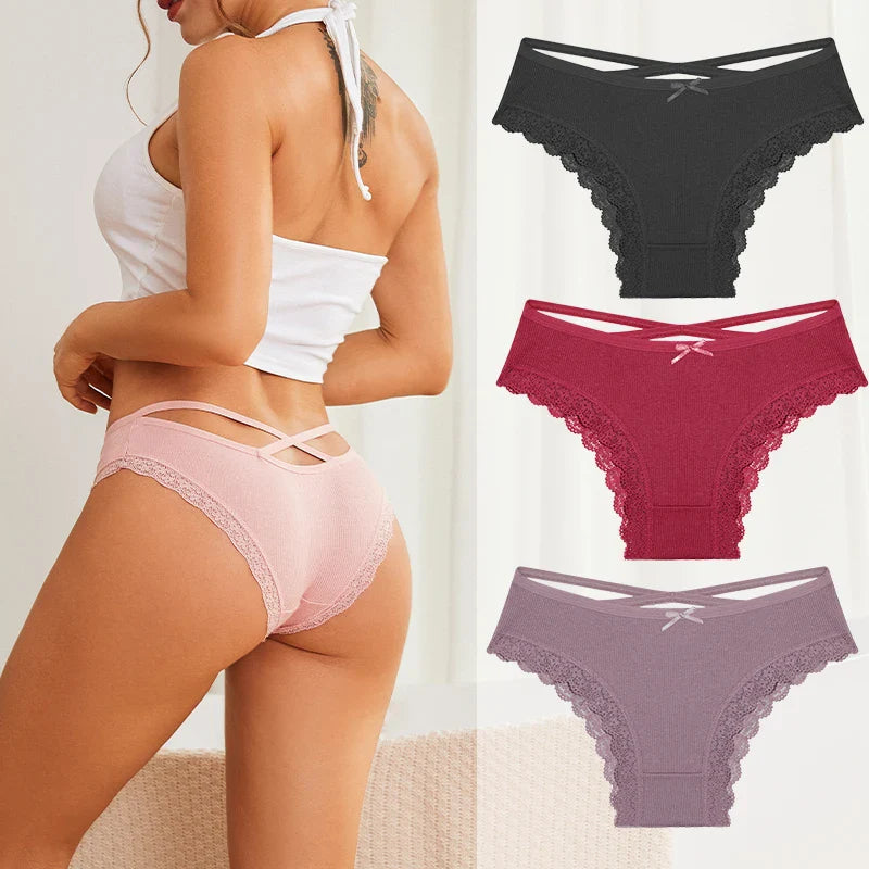 3PCS/Set Women Cotton Panties Low Waist Sexy Lace Brazilian Briefs Female Cross Webbing Underpants Soft Breathable Lingerie S-XL