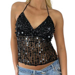 Women's Solid Color Halter Neck Crop Tops Summer Sleeveless V neck Open Back Slim Fit Tie Up Sequins Camis Tops