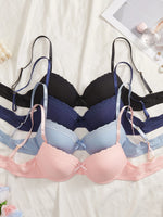 4Pcs Daily Lace Trim Women's Underwear Set Rib Knit Push up Underwire Bra Airy & Stylish Women's Bra