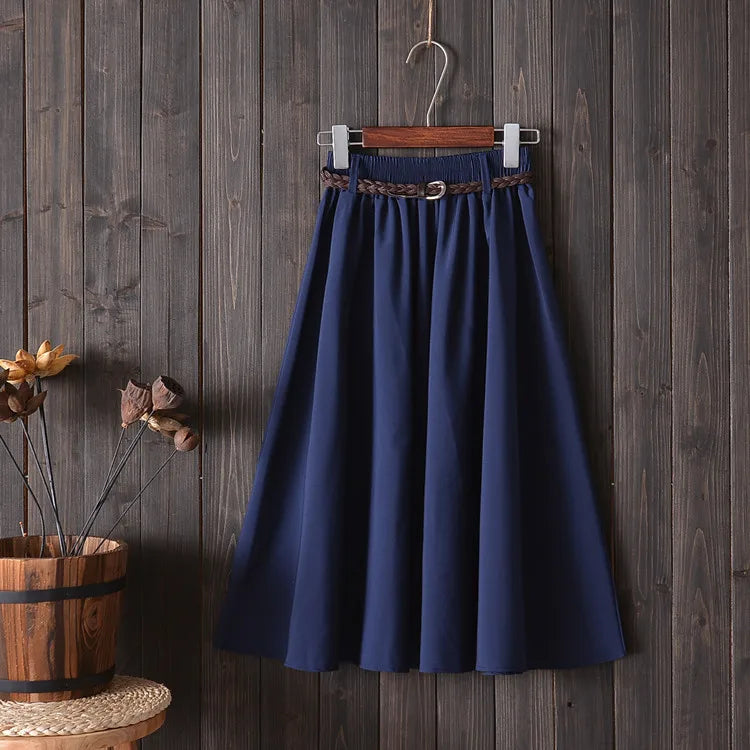 Midi Knee Length Summer Skirt Women With BeltFashion Korean Ladies High Waist Pleated A-line School Skirt Female