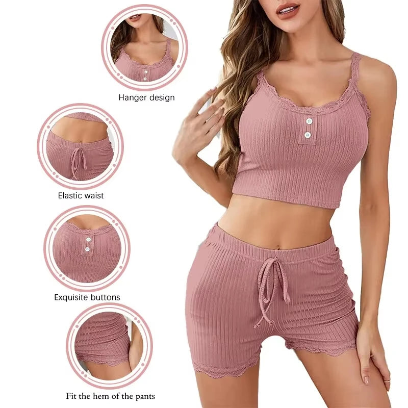 Womens Two Piece Pajama Set Ribbed Knit Lace Trim Crop Cami Top And Shorts Summer Loungewear Sleepwear Homewear New hot selling