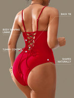 Vintage Red Black One Piece Swimsuit Women V Wire Underwire Slim Tummy Control Swimwear Beach Bandage Cross Back Bathing Suits