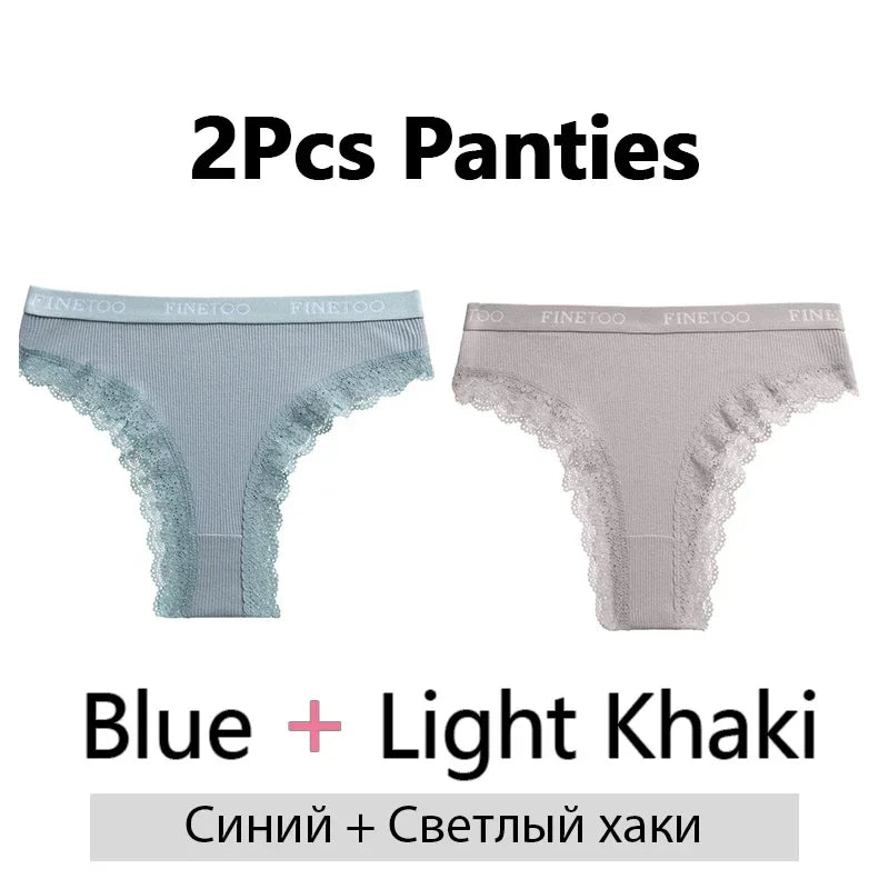 FINETOO 2Pcs/Set Women Cotton Brazilian Panties Plus Size M-2XL Lingerie Sexy Lace Underwear Low Rise Girls Intimates Underpants