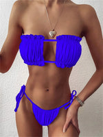 Elegant Purple Swimwear Women Sexy Off Shoulder Pleate Bikini Bandeau Hollow Out Lace-Up Push Up Bathing Suit Thong Swimsuit