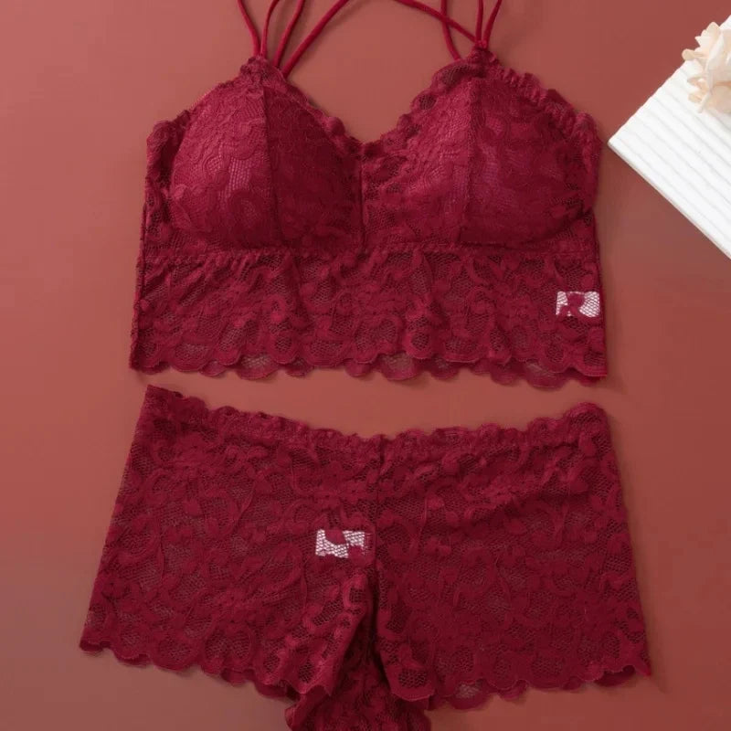 4pcs Sexy Comfortable Fashion Casual Lace Women's Underwear Set Gathered No Steel Ring Beautiful Back Bra Set Panty