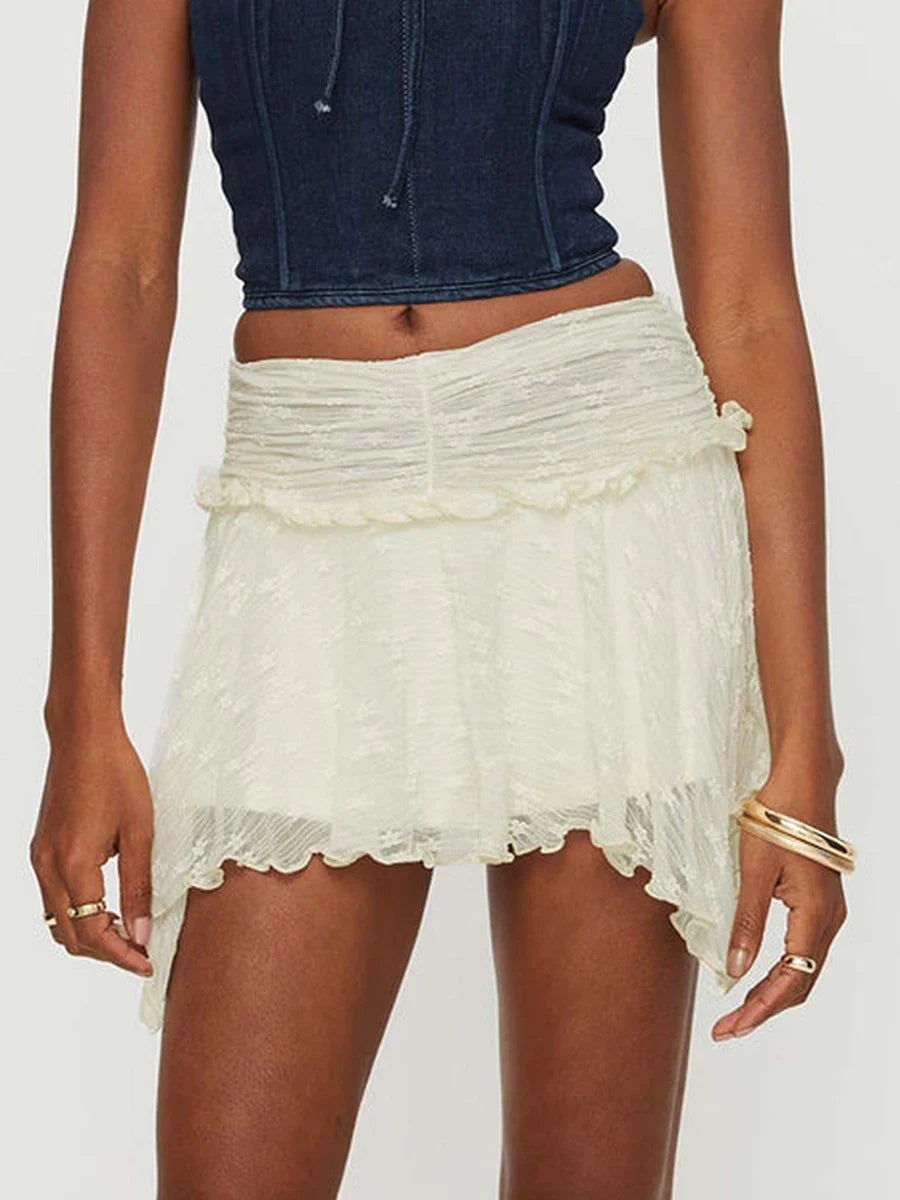 Women's Solid Color Gothic Mini Skirts Lace Ruched High Waist Skirts Spring Summer Irregular Hem Casual Skirts