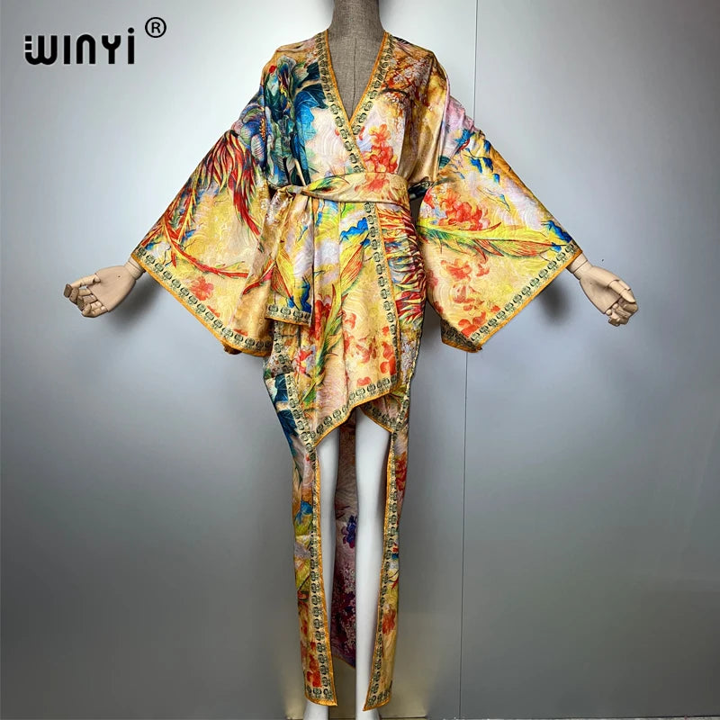 WINYI Summer Beach Wear Cover Up Irregular cardigan abaya dubai luxury Silky and skin-friendly sexy Holiday Kimono maxi dress
