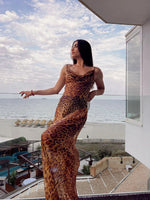 Yiiciovy Sexy Women's Split Beach Long Dress Cover-Ups Zebra Stripe/Leopard Print Summer Backless Dress for Beachwear Streetwear