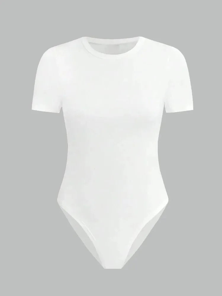Solid Basic Short Sleeve Bodysuit for Women Summer Round Neck Bodycon Romper Bodysuit Blouse Streetwear
