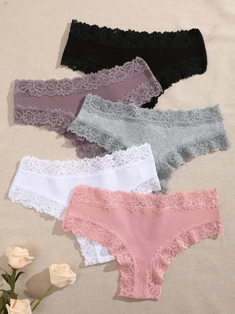 5Pcs Women Cotton Brazilian Pants Sexy Lace Brazilian Briefs Low Waist Floral Solid Color G-string Breathable Soft Lingerie