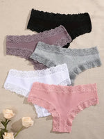 5Pcs Women Cotton Brazilian Pants Sexy Lace Brazilian Briefs Low Waist Floral Solid Color G-string Breathable Soft Lingerie