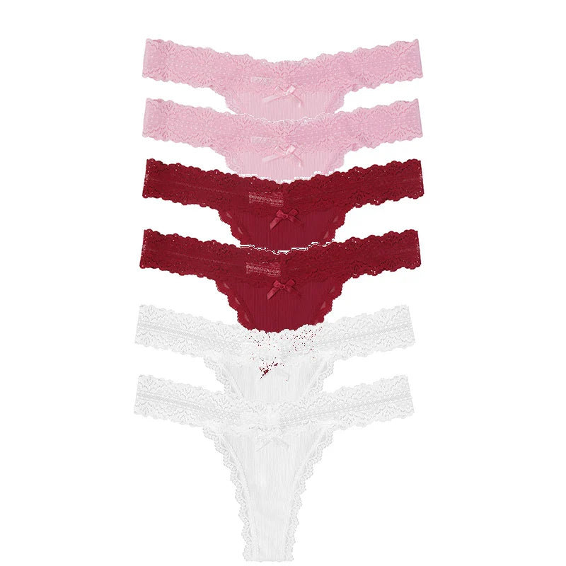 6pcs/Set Perspective Floral Panties Women Lace Thongs Low Waist Comfortable Solid Ladies G-string Bow Female Sexy Underwear