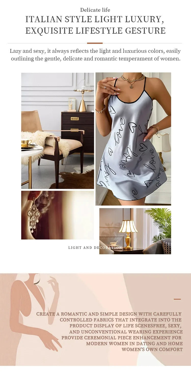 Heart Letter Print Nightdress Casual Round Neck Spaghetti Strap Sleep Dress Women's Sleepwear Dresses