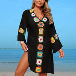 Hand Crochet Multicolour Flower Block Beachwear Cover Up Beach Vacation Casual See-Through Midi Dress Breathable Sunscreen Smock