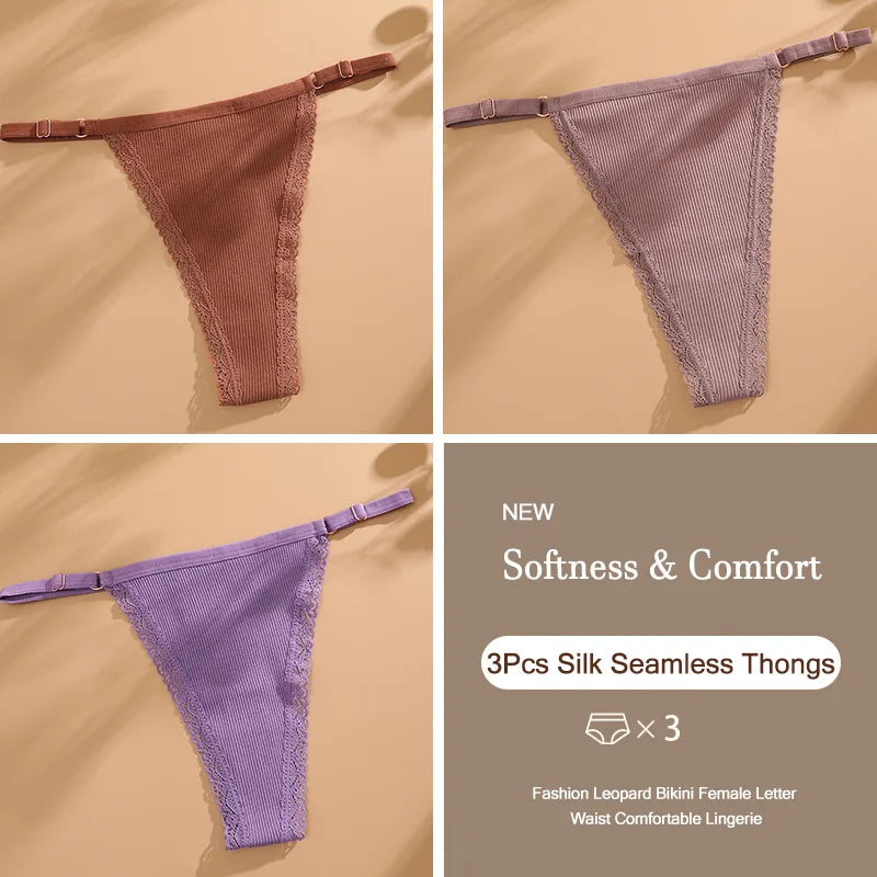 3Pcs G-String Cotton Sexy Women Thongs Adjustable Belt Seamless Panties Breathable Low Waist Lingerie Female Soft Solid Color