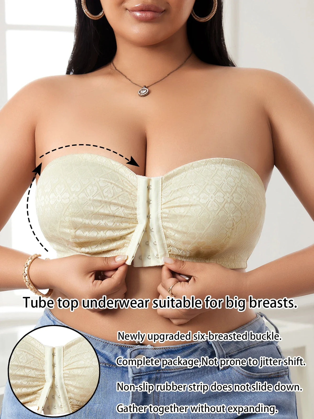 Sexy Wear Lace Plus Size Front Closure Strapless Bra Women's Push Up Wireless Bra Trendy Unlined Cold Shoulder Comfort Bra