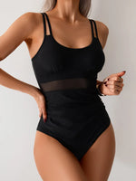 Vintage Mesh Patchwork One Piece Swimsuit Women Black Double Strap Pleate Transaprent Slim Tummy Control Swimwear 2025 Monokini