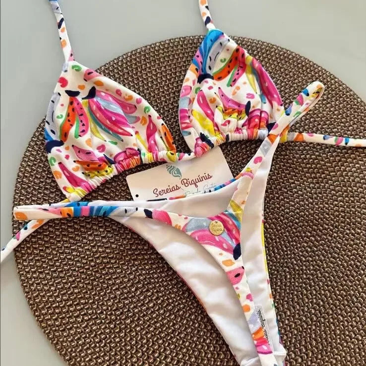 2026 Swimwear Women CuteCherry Print Brazilian Thong Bikini Set Sexy Thong Swimsuit Two Pieces Bathing Suit Women Beach Wear