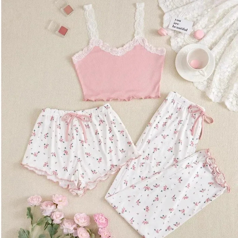 Women 2psc Pajama Set Pink Lace Patchwork V-Neck Sleepwear Sexy Nighties Suit Cami Top Printed Shorts Soft Pyjamas Loungewear