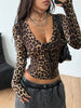 Women's Sexy Fall Vintage Going Out Streetwear Leopard Graphics Crop Top Comfortable Stretchy Long Sleeve V-Neck T-Shirt. test