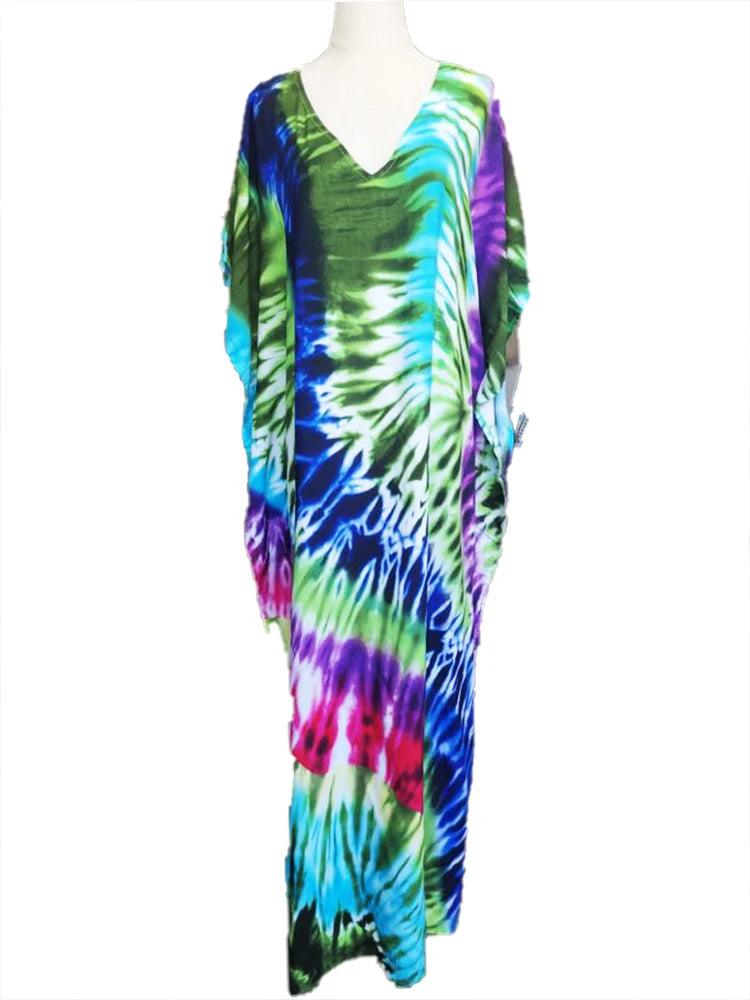 2025 Loose Boho Style Maxi Dress Print Face Swim Suit Cover-up Bohemian Dress Robe Plage Kaftan Maxi Dress Beach Wear Tunics
