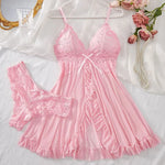 2 Pcs Set Sexy Lingerie Set Women Deep V Slip Dress Thong Erotic Bra Panty Sets Lace Nightdress Transparent Soft Nightgown