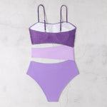 New Shiny Purple Contrast Swimsuit 2025 Women Halter Hollow Out Patchwork One Piece Swimwear Beach Bathing Suit Pleate Monokini