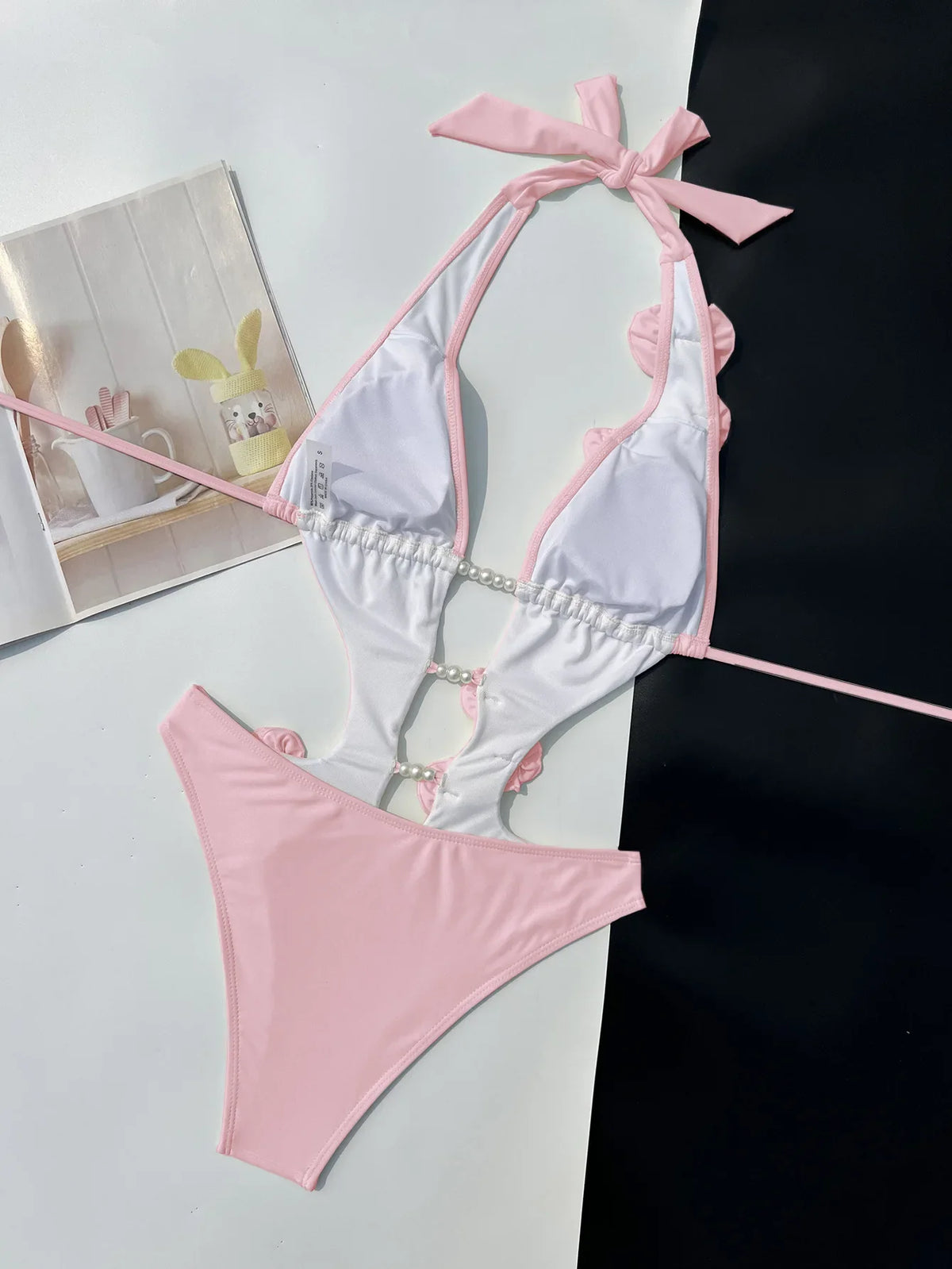 Sexy Pearls 3D Flower Deigner One Piece Swimsuit 2026 Women Beige Hollow Out Bandage Backless Bathing Suit Swimwear Monokini