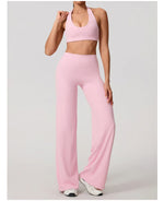 Hearuisavy Summer Yoga Set 2Pcs Women Breathable Backless Halter-Neck Sports Bra Push Up Pilates Fitness Top Straight Leg Pants