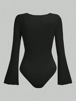 Women's Solid Color Ruffle Hem Flare Long Sleeve Bodysuit Autumn Winter 2024 Round Neck Plain Ruched Slim Fit Romper Top